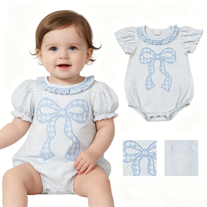 SR4089 Blue Polka Dot Bow Baby Girls Bubble Romper