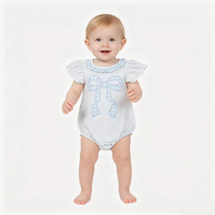 SR4089 Blue Polka Dot Bow Baby Girls Bubble Romper