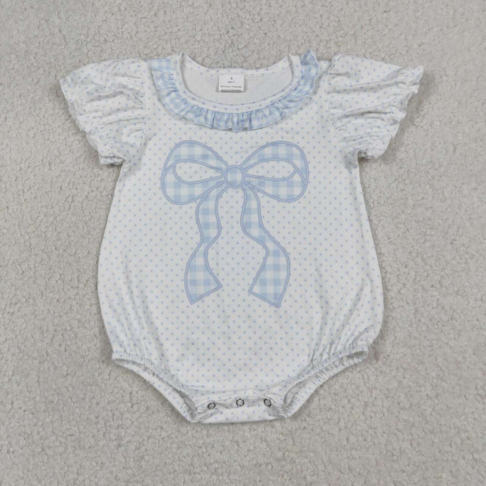 SR4089 Blue Polka Dot Bow Baby Girls Bubble Romper
