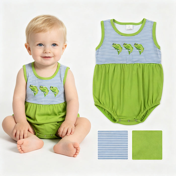SR4139 Fish Embroidery Stripes Green Baby Boys Summer Sleeveless Romper