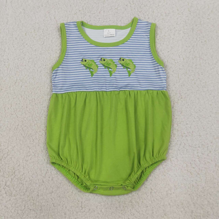 SR4139 Fish Embroidery Stripes Green Baby Boys Summer Sleeveless Romper