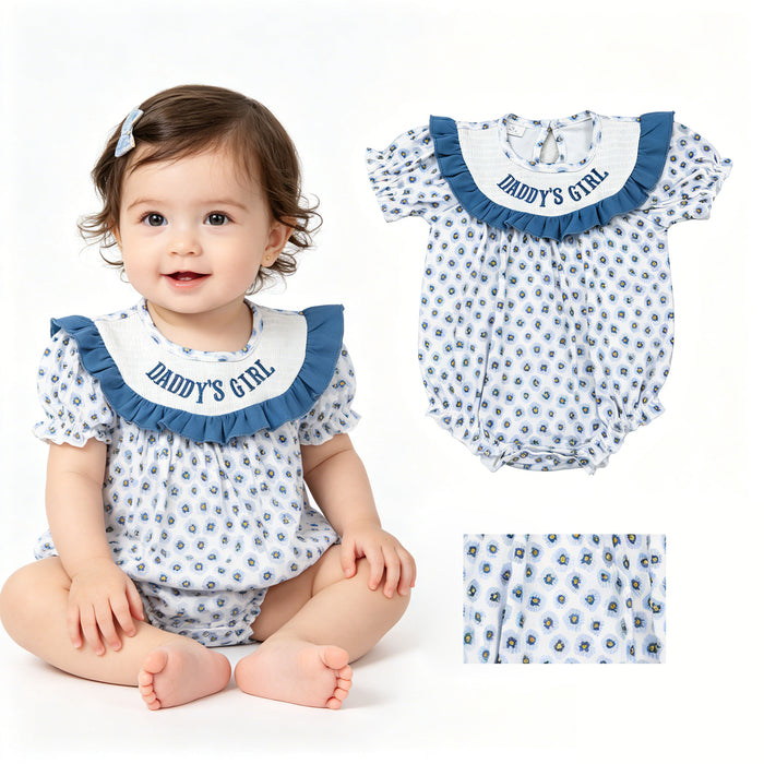 SR4141 DADDYS GIRL Embroidery Blue Flowers Print Baby Girls Summer Smocked Romper