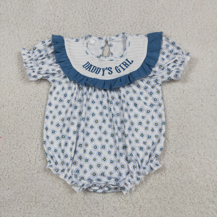 SR4141 DADDYS GIRL Embroidery Blue Flowers Print Baby Girls Summer Smocked Romper