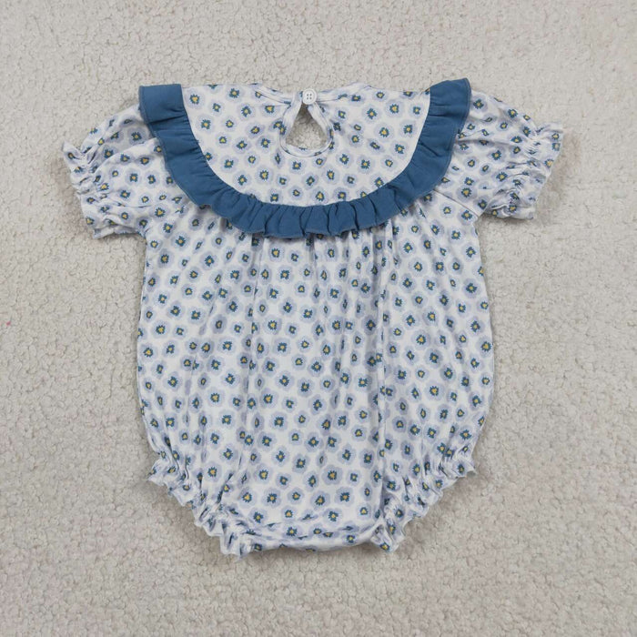 SR4141 DADDYS GIRL Embroidery Blue Flowers Print Baby Girls Summer Smocked Romper