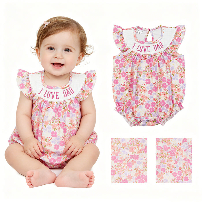 SR4142 I LOVE DAD Embroidery Pink Flowers Print Baby Girls Summer Smocked Romper