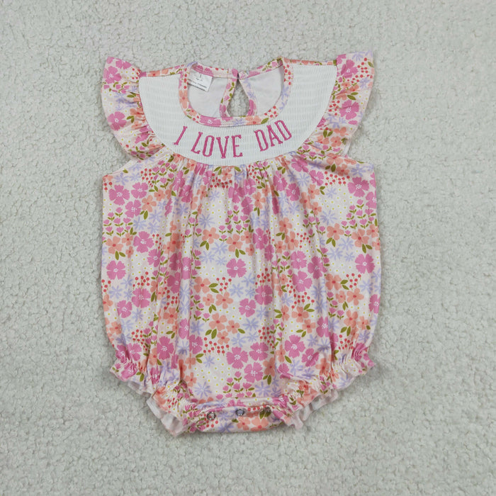 SR4142 I LOVE DAD Embroidery Pink Flowers Print Baby Girls Summer Smocked Romper