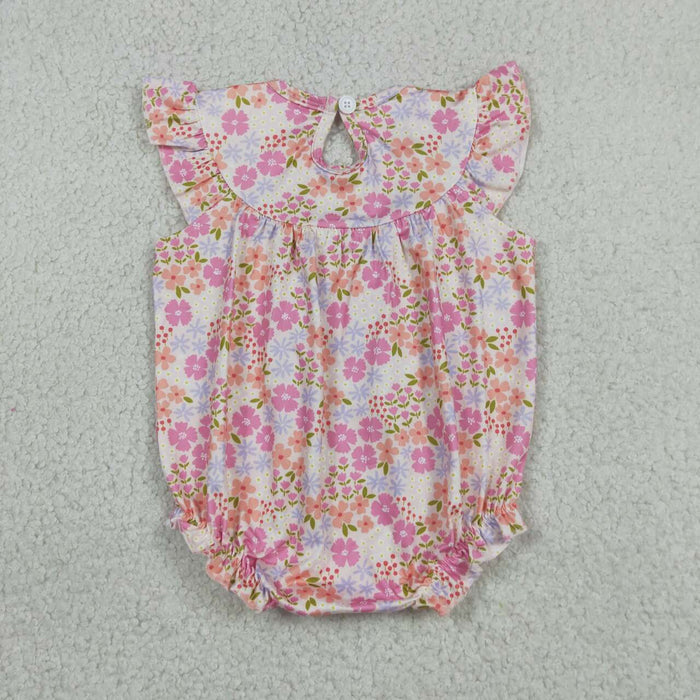 SR4142 I LOVE DAD Embroidery Pink Flowers Print Baby Girls Summer Smocked Romper