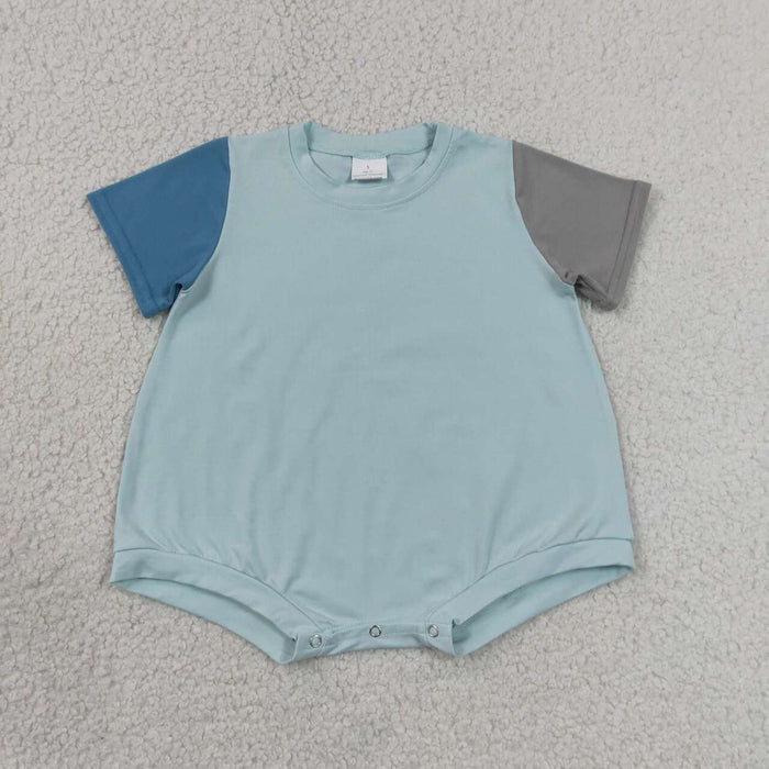 SR4158 Baby Boys Blue Cotton Patchwork Short Sleeve Romper