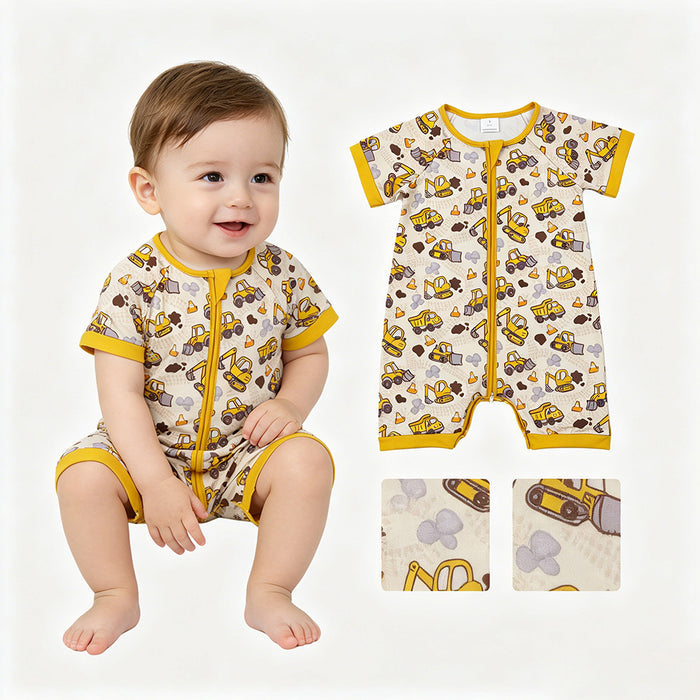 SR4183 Construction Trucks Yellow Print Baby Boys Summer Zipper Romper