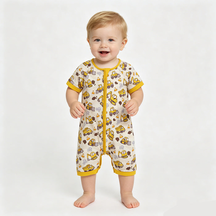 SR4183 Construction Trucks Yellow Print Baby Boys Summer Zipper Romper