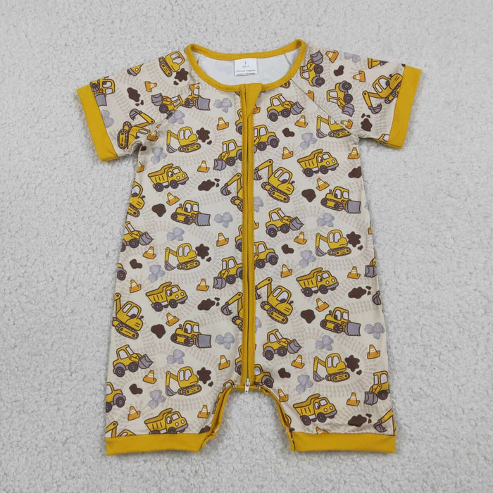 SR4183 Construction Trucks Yellow Print Baby Boys Summer Zipper Romper