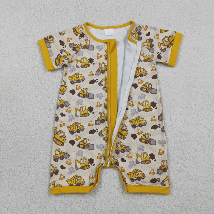 SR4183 Construction Trucks Yellow Print Baby Boys Summer Zipper Romper