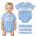 SR4231 Baby Brother Embroidery Blue Checkered Baby Boys Summer Buttons Smocked Romper
