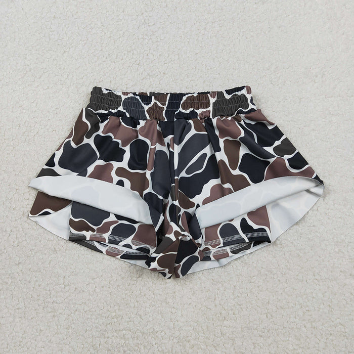 SS0773 Dark Brown Camo Print Girls Bottom Summer Yoga Flutter Shorts