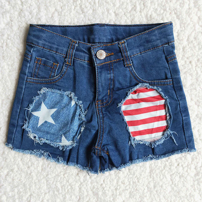 Stars Stripes Distressed Blue Denim Baby Girls 4th of July Shorts  B3-10