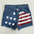 Stars Stripes Sequin Blue Denim Baby Girls 4th of July Shorts  D11-15