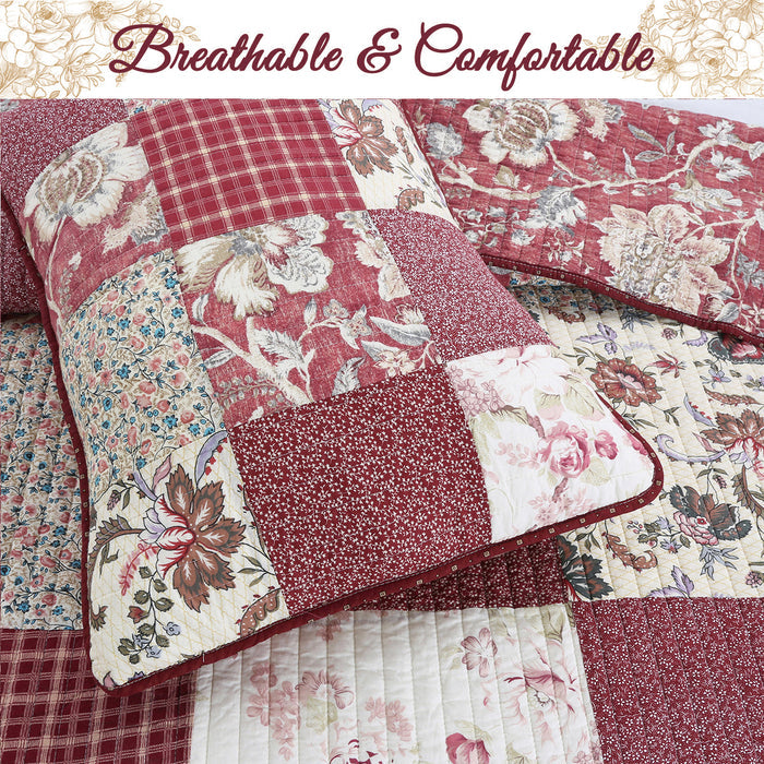 Stockwood Red Real Patchwork 3-Piece Cotton Reversible Quilt Bedding Set