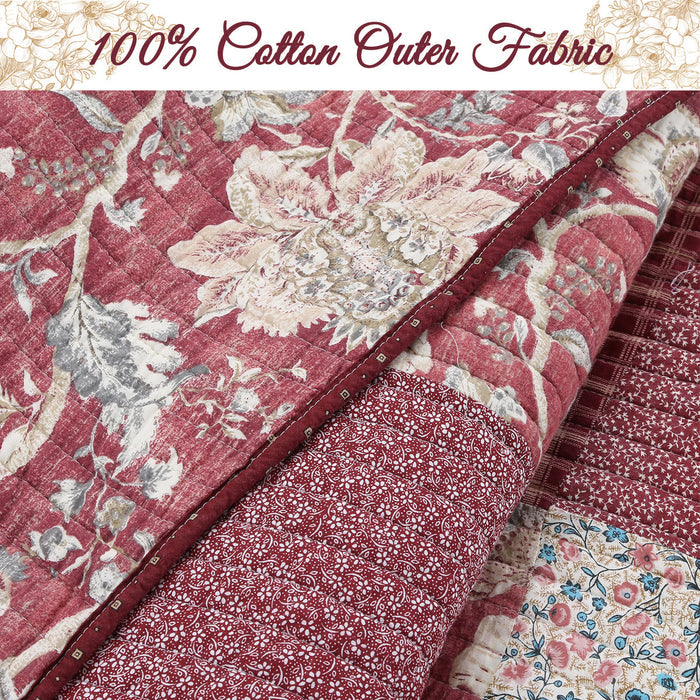 Stockwood Red Real Patchwork 3-Piece Cotton Reversible Quilt Bedding Set