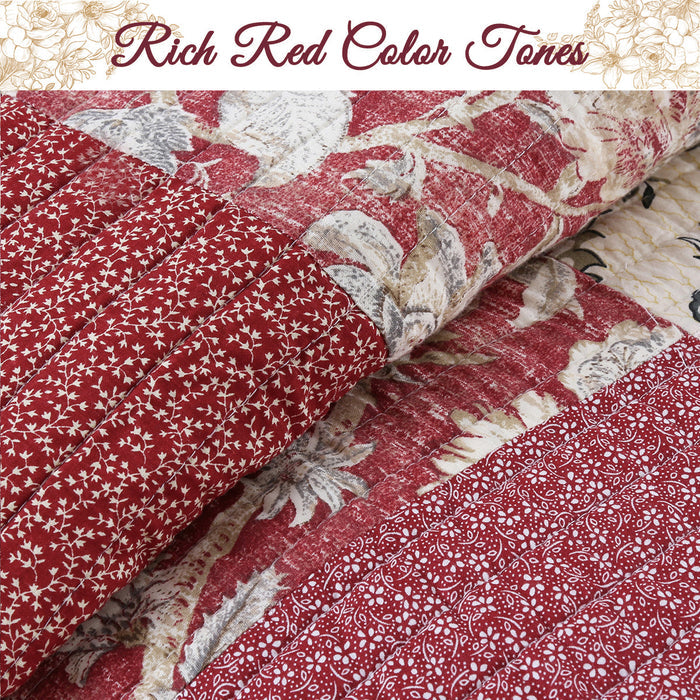 Stockwood Red Real Patchwork 3-Piece Cotton Reversible Quilt Bedding Set