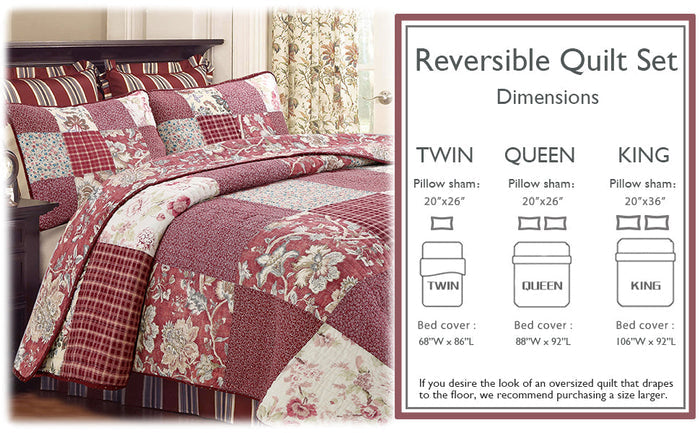 Stockwood Red Real Patchwork 3-Piece Cotton Reversible Quilt Bedding Set