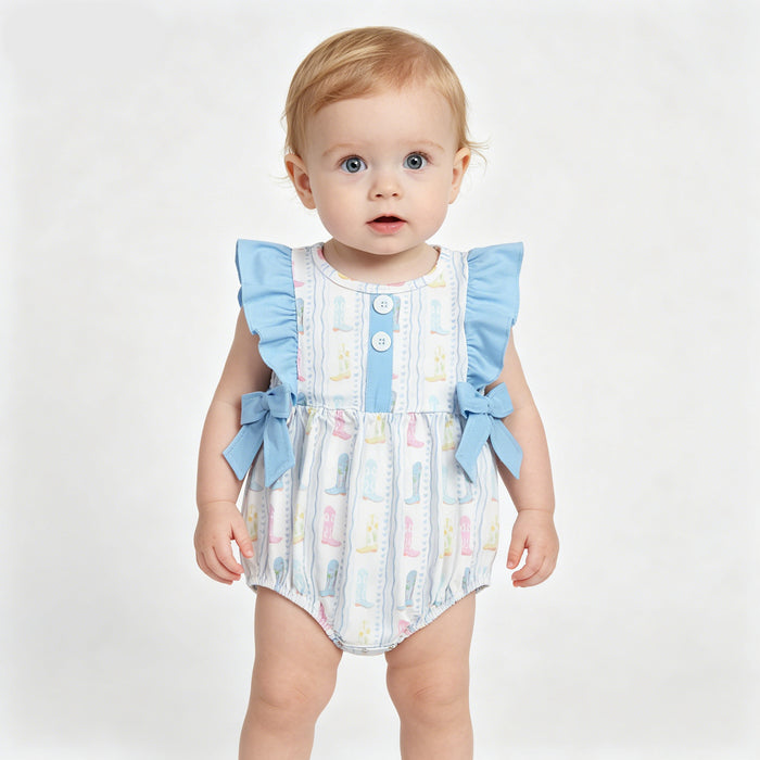 Summer Baby Girls Western Boots Bubble Romper With Blue Bow