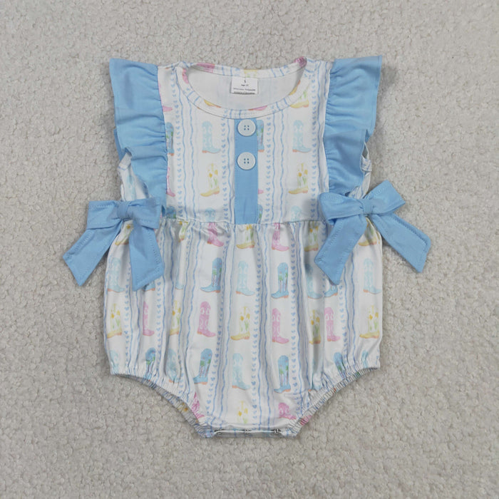 Summer Baby Girls Western Boots Bubble Romper With Blue Bow