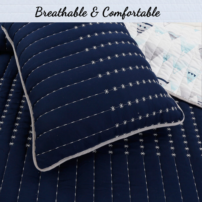 Summit Blues Snowy Alps Pike Winter Mountains Stripe Navy Blue Reversible Quilt Bedding Set