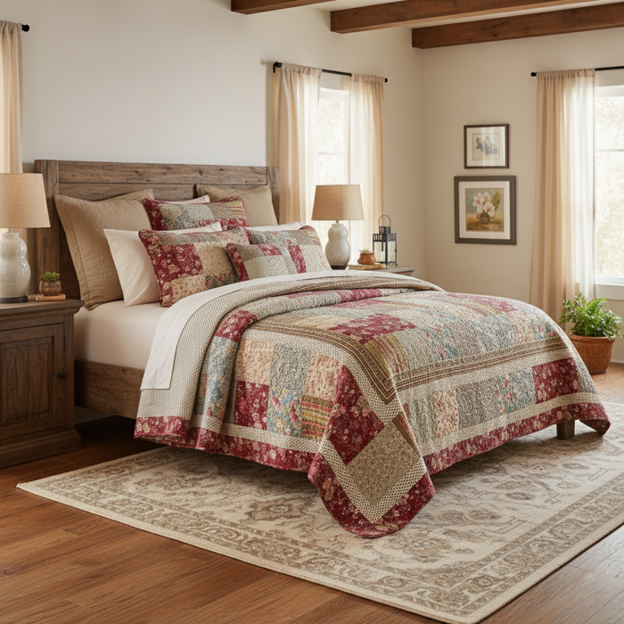 Tache Fairy Tale Tea Party Beige Burgundy Paisley Floral Cotton Patchwork Quilt Set (DXJ103443)