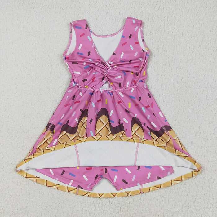Toddler Girls Pink Ice Cream Waffle Sleeveless Sprinkle Print Active Dress