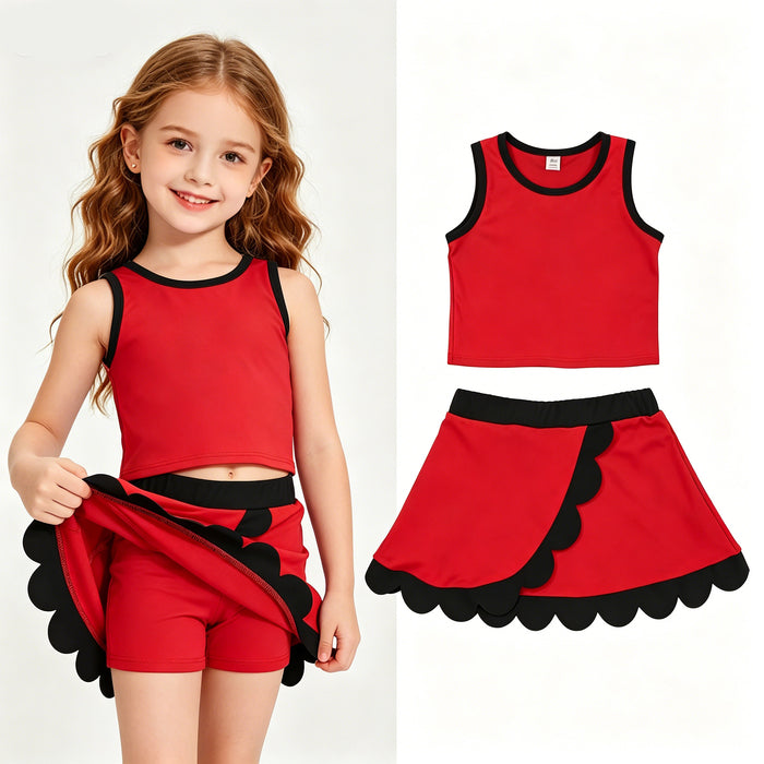 Toddler Girls Red Black Scalloped 2-Piece Active Set | Sleeveless Top & Skort