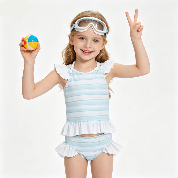 Toddler Girls Ruffle Striped Two Piece Swimsuit, Kids Halter Neck Tankini Bathing Suit