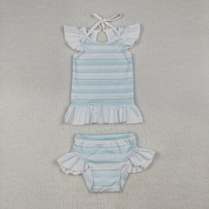 Toddler Girls Ruffle Striped Two Piece Swimsuit, Kids Halter Neck Tankini Bathing Suit