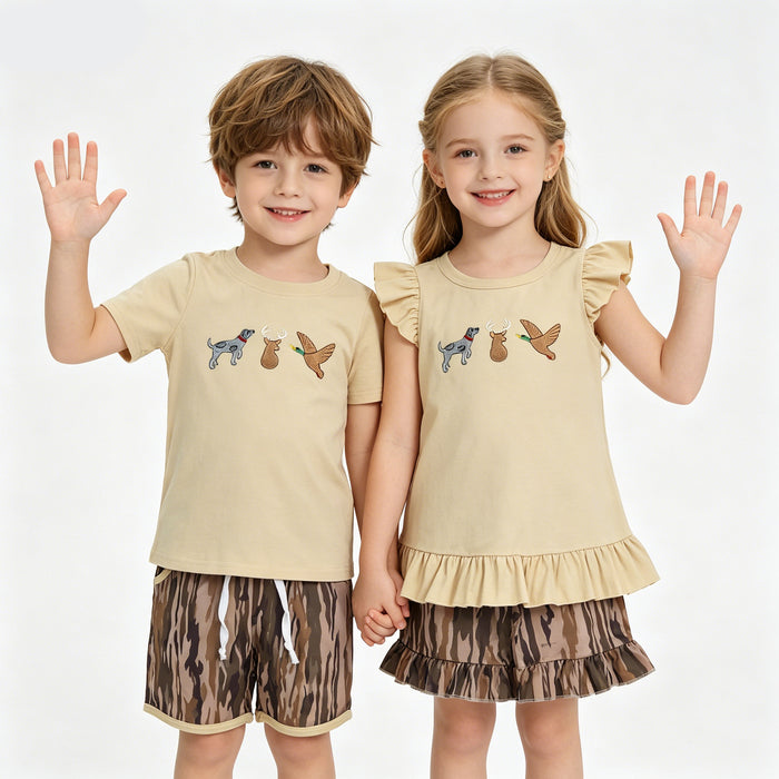 Toddler & Kids Hunting Embroidered  Sibling Camo Shorts Outfit For Sibling