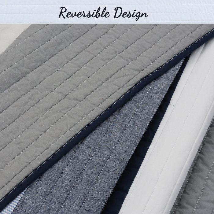 Tranquil Blue Gray Stripe Real Patchwork Cotton Reversible Quilt Bedding Set