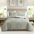 Tweedia Blue Green Floral Paisley Damask 3 Piece Cotton Quilt Bedding Set