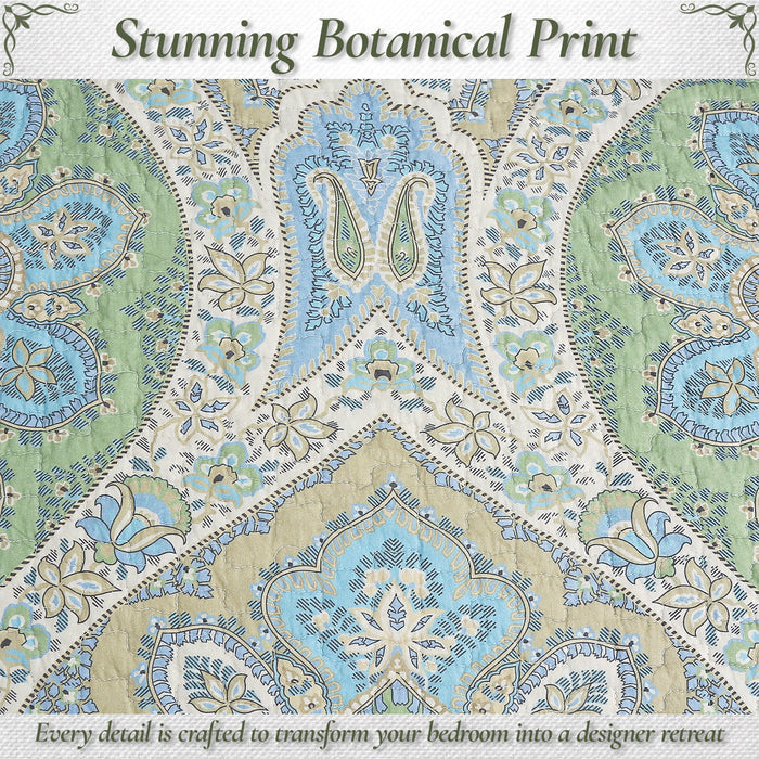Tweedia Blue Green Floral Paisley Damask 3 Piece Cotton Quilt Bedding Set