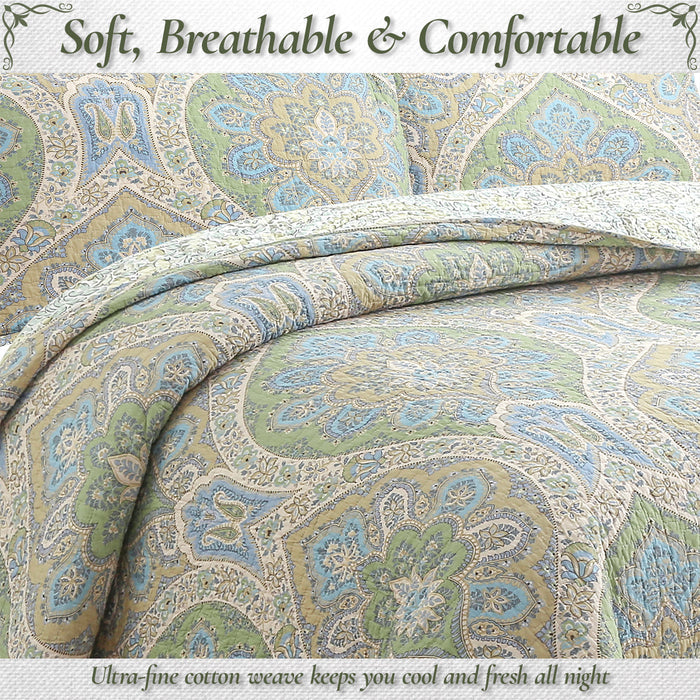 Tweedia Blue Green Floral Paisley Damask 3 Piece Cotton Quilt Bedding Set