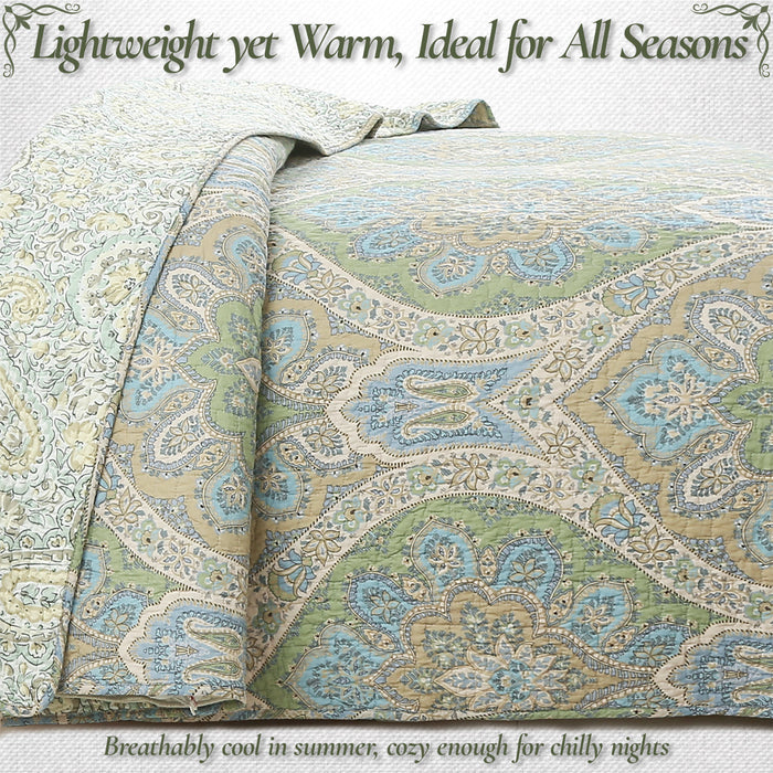 Tweedia Blue Green Floral Paisley Damask 3 Piece Cotton Quilt Bedding Set