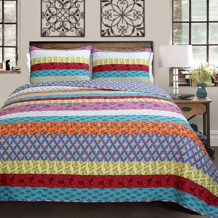 Vibrant Stripe Real Patchwork 3-Piece Cotton Reversible Quilt Bedding Set