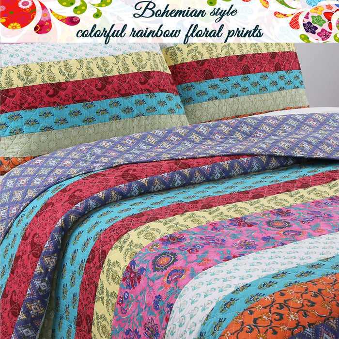 Vibrant Stripe Real Patchwork 3-Piece Cotton Reversible Quilt Bedding Set