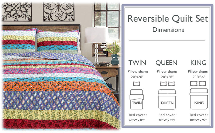Vibrant Stripe Real Patchwork 3-Piece Cotton Reversible Quilt Bedding Set