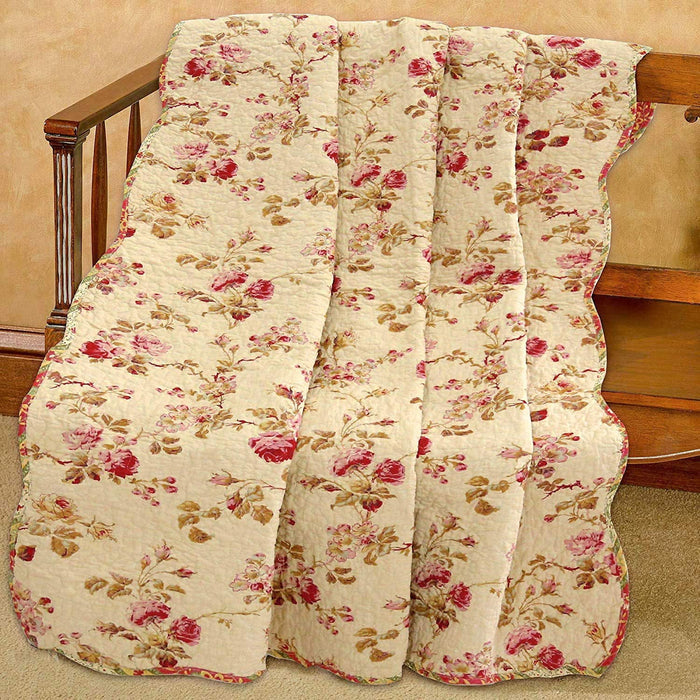 Vintage Rose Floral Cotton Quilted Scalloped 3-Piece Reversible Quilt Bedding Set