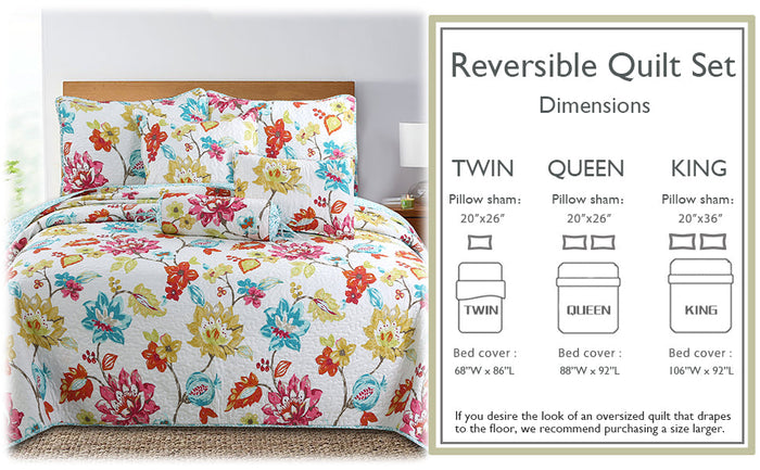 Vivid Tropical Colorful Anemone Floral Garden Print 3-Piece Reversible Quilt Bedding Set