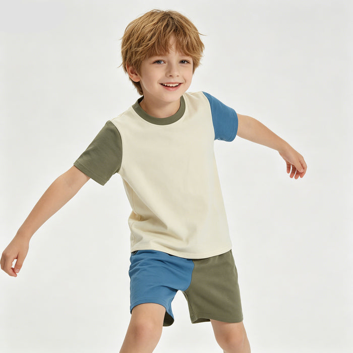 White Blue Green Patchwork Top Shorts Boys Summer Cotton Clothes Set