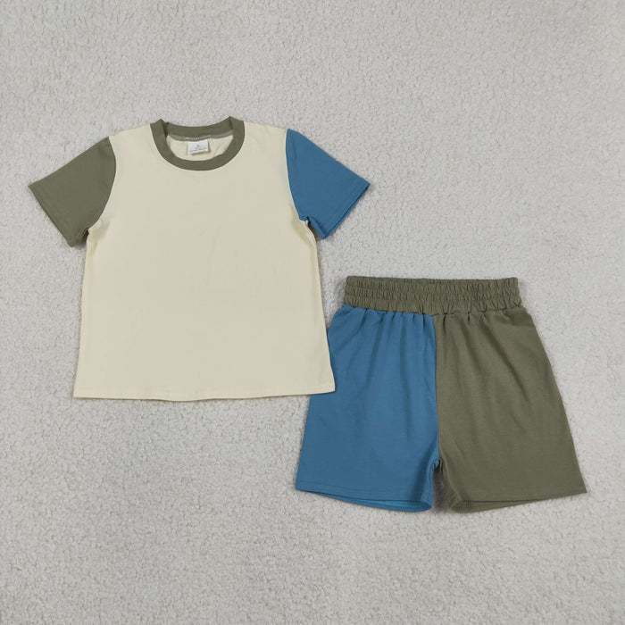 White Blue Green Patchwork Top Shorts Boys Summer Cotton Clothes Set
