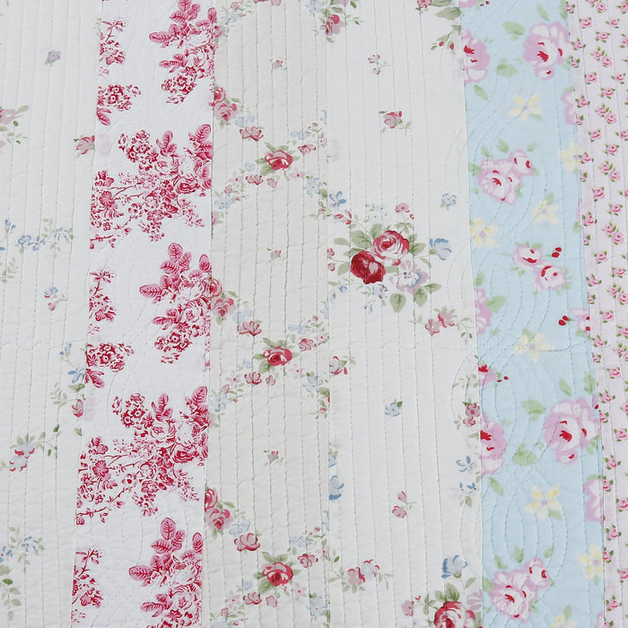 Wild Rose Enchantment Floral Bloom Garden Stripe Real Patchwork Reversible Quilt Bedding Set