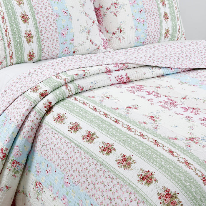 Wild Rose Enchantment Floral Bloom Garden Stripe Real Patchwork Reversible Quilt Bedding Set