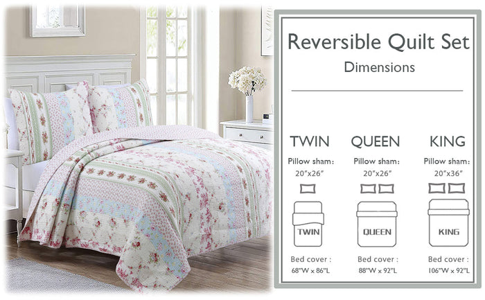 Wild Rose Enchantment Floral Bloom Garden Stripe Real Patchwork Reversible Quilt Bedding Set